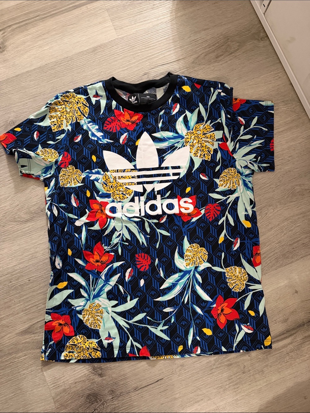 adidas Navy Floral Trefoil Logo Tee with Red & Yellow Accents